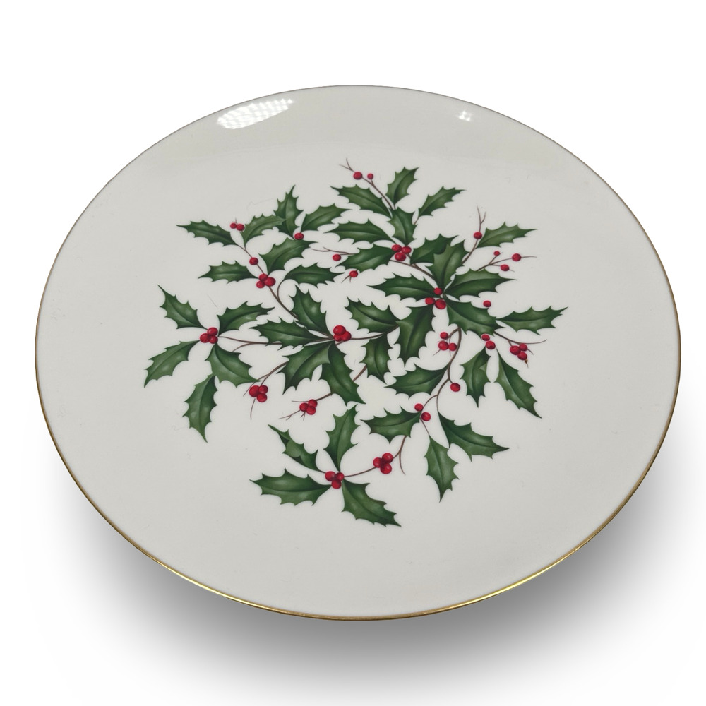 Vintage Lenox Holly Berry Serving Platter 13" White Gold‎ Trim Round Christmas